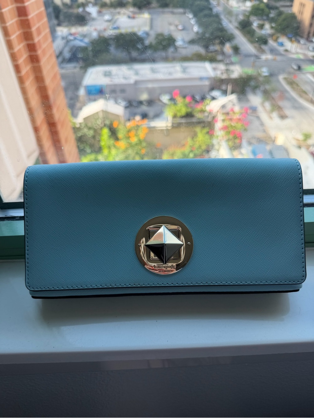 kate spade Powder Blue Leather Clutch with Gold-Tone Turn Lock